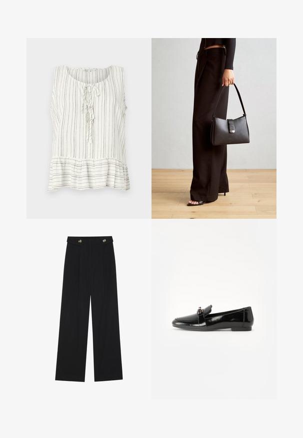 Blusa senza maniche in lino bianco con sottili strisce verticali marroni. Presenta un collo rotondo, una chiusura anteriore con fiocco e un dettaglio a peplum nell'orlo.; Pantaloni neri a gamba larga con vita alta, dettagli con bottoni in vita e pieghe frontali.; Mocassino in pelle verniciata nera con suola piatta, punta arrotondata e una fascia decorativa con accento in tonalità oro. Finitura liscia e lucida.; Borsa nera con forma strutturata, texture liscia e una chiusura metallica. Abbinata a pantaloni neri larghi e sandali open-toe su un pavimento in legno.