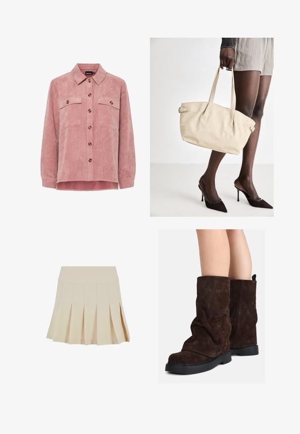 Rózsaszín kordbársony ingdzseki hosszú ujjakkal, két mellzsebbel és barna gombokkal. Klasszikus gallérral és texturált bordázott anyaggal rendelkezik.; Beige, redőzött szoknya, amelyen a derékrész szorosan illeszkedik, sima anyagból készült. Több függőleges redő és egyenes szegély található rajta.; Barna velúr, középig érő csizmák fekete gumitalppal, mezítláb viselve, a csizma szárán enyhe gyűrődések láthatók.; Beige színű shopper táska sima bőrfelülettel, strukturált formával, két fogantyúval és oldalsó csat díszítéssel. Elegáns fekete magassarkú cipővel párosítva.; Krém színű párnázott fejpánt csavaros kivitelezéssel, bézs és fehér csíkos pólóval párosítva, kerek nyakkivágással. Diszkrét ékszer kiegészítők.