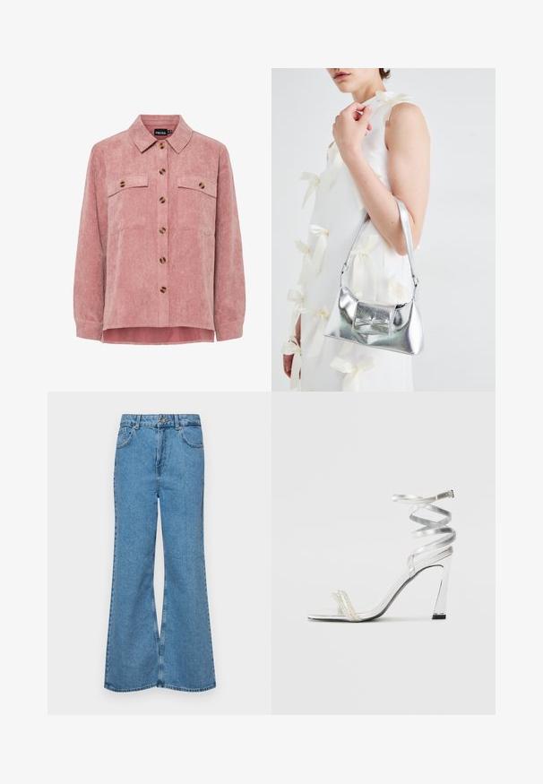 Pink corduroy shirt jacket with long sleeves, two chest pockets, and brown buttons. Features a classic collar and textured ribbed fabric.; Light blue flared jeans made of denim, featuring a high waist, five pockets, and a single button closure. Soft texture with faded finish.; Silver high-heeled sandal with a shiny strap design, featuring a pearl-like accent and a spiraled ankle strap for secure fit.; Silver metallic handbag with a structured shape, featuring a top handle and bow detail on the front. Smooth texture, reflective finish.