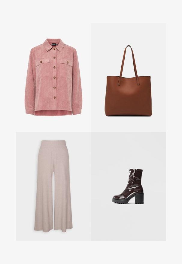 Pink corduroy shirt jacket with long sleeves, two chest pockets, and brown buttons. Features a classic collar and textured ribbed fabric.; Light grey wide-leg trousers made of soft, ribbed fabric, featuring a high waistband and full-length legs with subtle texture.; Glossy burgundy ankle boot with a chunky black heel, featuring a smooth texture and simple design. No visible fastenings or patterns.; Brown leather tote bag with a smooth texture, open top design, and two shoulder straps. Features minimal stitching and no visible hardware.
