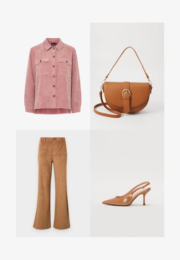 Rosa kordfløyelsjakke med lange ermer, to brystlommer og brune knapper. Har en klassisk krage og teksturert ribbet stoff.; Brune semsket flared bukser med høy midje, front- og baklommer, og en glatt tekstur. Designet for en avslappet passform gjennom benet.; Spiss tå slingback hæl i et glat, glinsende brunt materiale. Har et buet utskårent design og en slank stilett hæl. Sølvspenne detalj.; Brun lærcrossbody-veske med en buet form, gullhardware og et spenneakcent. Har en avtakbar skulderreim.
