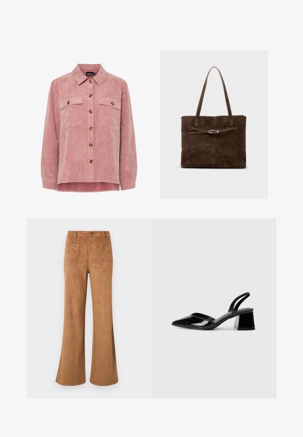 Rózsaszín kordbársony ingdzseki hosszú ujjakkal, két mellzsebbel és barna gombokkal. Klasszikus gallérral és texturált bordázott anyaggal rendelkezik.; Barna velúr bővülő nadrág, magas derékkal, elülső és hátsó zsebekkel, sima textúrával. Kényelmes szabással a láb mentén.; Fekete lakk bőr szandálkés magas sarkú cipő, hegyes orral és geometrikus tömbsarkakkal. Karcsú, minimalista dizájn és sima textúra jellemzi.; Barna velúr női táska hosszú fogantyúkkal, sík testtel és dekoratív pánttal, ezüstszínű fém kiegészítővel.