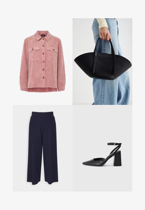 Casaco de camisa em veludo cotelê rosa com mangas longas, dois bolsos no peito e botões castanhos. Apresenta um colarinho clássico e um tecido ribbed texturizado.; Calças largas em tecido azul-marinho escuro com uma textura ribada. Apresenta uma cintura suave e uma silhueta fluida, atingindo o comprimento até metade da panturrilha.; Sandal com biqueira afilada em couro preto, com cinta no tornozelo e salto grosso. Textura lisa, design elegante e estética minimalista.; Bolsa de mão em couro preto com uma forma única em leque, apresentando alças planas. A superfície tem uma textura pebble e um design minimalista.