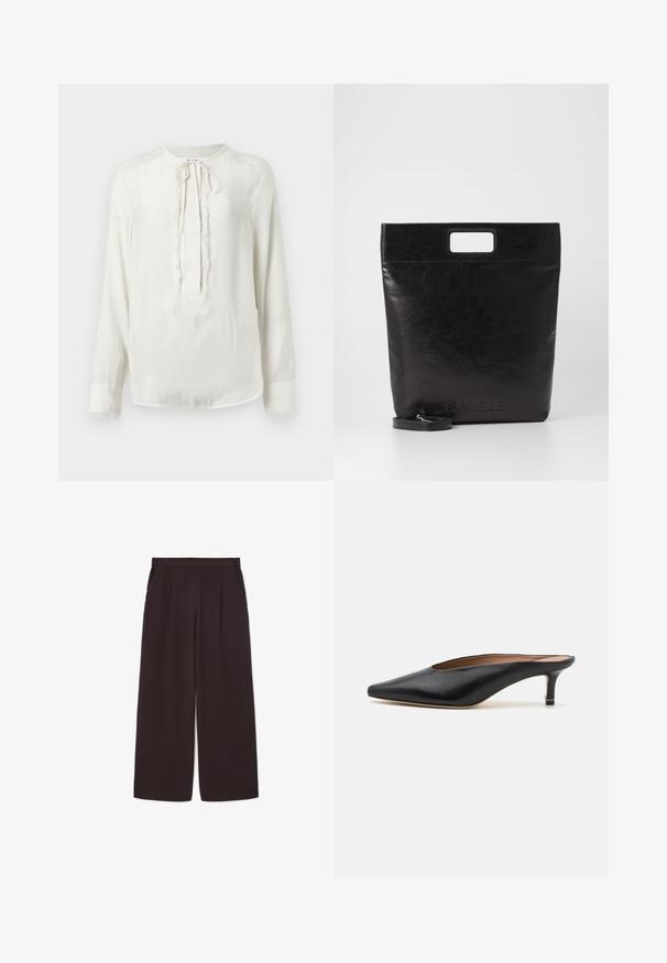 White long-sleeve blouse with a round neckline and tie closure. Features a textured trim along the front and cuffs. Smooth fabric finish.; Dark brown wide-leg pants made of lightweight fabric, featuring a high waist, pleats, and two side pockets, with an elastic waistband.; Black leather mules with a pointed toe and low, block heel. Smooth texture with a sleek design. Open back with minimal detailing.; Black leather tote bag with a square handle, featuring a textured finish and embossed logo. Includes a detachable strap.