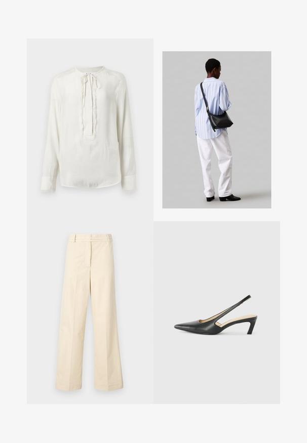 Blusa bianca a maniche lunghe con scollo rotondo e chiusura con fiocco. Presenta un bordo testurizzato lungo la parte anteriore e i polsini. Tessuto con finitura liscia.; Pantaloni beige a gamba larga con fronte piatto, passanti per la cintura e zip frontale. Realizzati in cotone leggero con una texture liscia.; Scarpa slingback nera con punta affilata e tacco basso, realizzata in pelle liscia e con un design a taglio laterale per favorire la traspirabilità.; Borsa a tracolla in pelle nera con una texture morbida, forma triangolare e tracolla regolabile, abbinata a una camicia a righe blu chiaro e pantaloni bianchi.