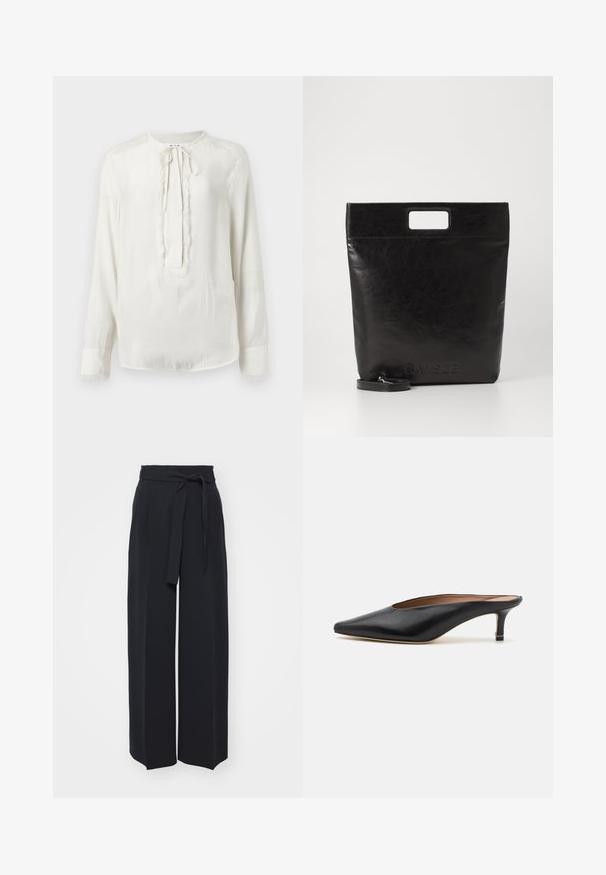 Blouse blanche à manches longues avec un col rond et une fermeture à nouer. Présente une bordure texturée sur le devant et les poignets. Finition en tissu lisse.; Pantalons noirs à jambes larges en tissu doux. Dotés d'une taille ceinturée et de plis avant. Texture lisse avec un design épuré et contemporain.; Mules en cuir noir avec un bout pointu et un petit talon carré. Texture lisse avec un design épuré. Dos ouvert avec un minimum de détails.; Sac fourre-tout en cuir noir avec une poignée carrée, arborant une finition texturée et un logo en relief. Comprend une bandoulière amovible.