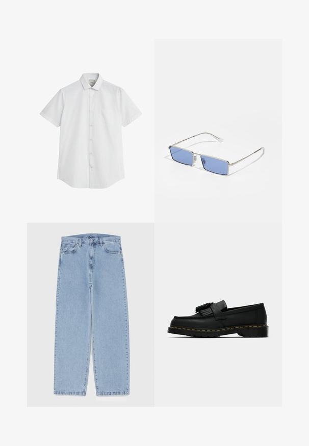 Kurzarmhemd aus Baumwollmix in Weiß, mit einem spitzen Kragen, sieben Knöpfen und einer Brusttasche. Glatte Textur mit klassischer Passform.; Hellblaue Jeans aus Denim mit geradem Bein, ausgestattet mit einer mittelhohen Taille, fünf Taschen sowie einem Knopf- und Reißverschluss.; Schwarzer Lederloafer mit Quasten, gelben Nähten entlang der Sohle und einer dicken, gerippten Gummisohle.; Metallsonnenbrille mit rechteckiger Form, blauen getönten Gläsern und silbernem Rahmen. Verfügt über Nasenpolster und dünne, gerade Bügel.