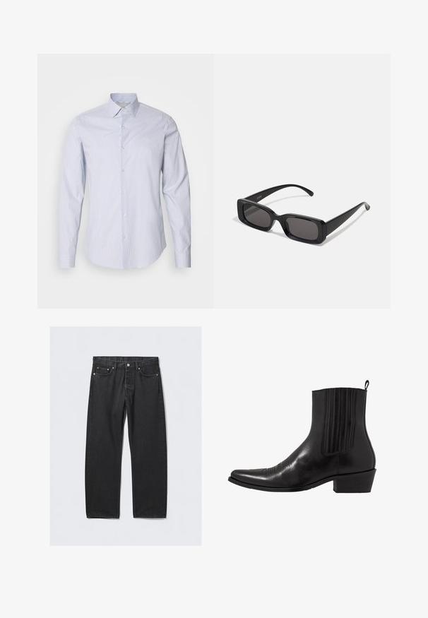 Světle modrá košile s dlouhým rukávem a knoflíkovým zapínáním, zdobená jemnými bílými svislými pruhy, klasickým límcem a detaily na manžetách.; Černé džíny z denimu s rovnými nohavicemi, s knoflíkovým zapínáním, pěti kapsami a měděnými akcenty. Hladká textura.; Černá kožená kotníková bota s špičatou špičkou, elastickými bočními panely, vertikálním prošíváním a nízkým blokovým podpatkem.; Černé obdélníkové sluneční brýle s tmavými skly, lesklým povrchem, širokými ramínky a robustním designem rámu. Vytlačený název značky na jednom ramínku.