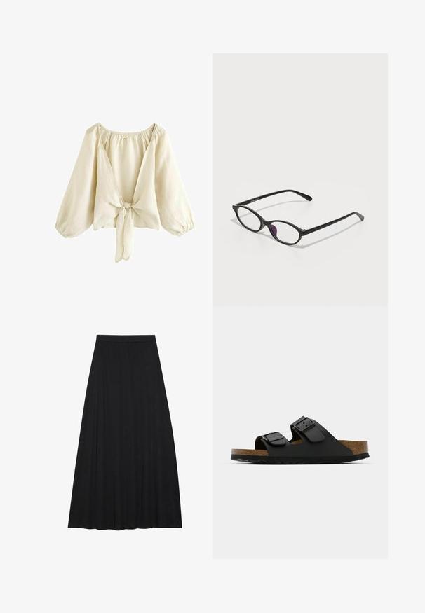 Gaiši beidžu blūze, izgatavota no viegla auduma, ar dziļu V veida kakla izgriezumu, pūkainām piedurknēm un saites aizdari priekšpusē. Gluda tekstūra.; Melnā maxi svārki, izgatavoti no maiga, plūstoša auduma. Tam ir elastīga josta un pilna, A-līnijas siluets ar gludu tekstūru.; Melnas divu siksnu čības ar regulējamiem sprādzēm, korķa pamatni un teksturētu gumijas zoli. Piedāvā platu, atvērtu dizainu ērtai valkāšanai.; Melnas plastmasas briļļu ietvaras ar ovālveida formu, kam ir caurspīdīgi lēcas un viens purpursarkans akcenti uz kreisās lēcas. Moderns, minimālistisks dizains.