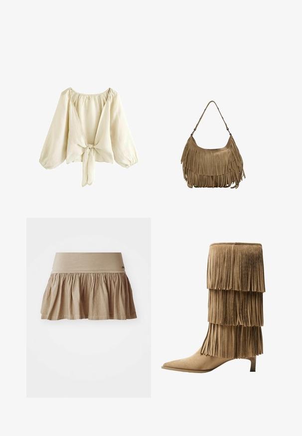 Ljus beige blus i lätt tyg, med en djup V-ringning, puffärmar och knytning fram. Slät textur.; Beige bomullskjol med en rynkad nederkant, som har en bred elastisk midjeband. Lätt material med en mjuk struktur och en avslappnad design.; Fransankelboot i tan mocka med tre lager av fransar. Spetsig tå och en låg blockklack. Slät textur genomgående.; Brun mockaskinns väska med långa fransdetaljer, en böjd form och ett enda axelband. Har en jämn, strukturerad yta.