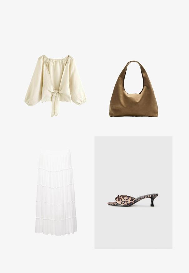 Helle beige Bluse aus leichtem Stoff, mit tiefem V-Ausschnitt, Puffärmeln und einer Bindeschließe vorne. Sanfte Textur.; Weiße, gestufte Rock aus leichtem Stoff, mit einem dehnbaren Bund, Rüschenschichten und einem fließenden Design, das bis zur Mitte der Wade reicht.; Leopardenmuster-Mules mit einem niedrigen, schwarzen Stiletto-Absatz. Obermaterial aus weichem Stoff mit einer Knoten-Detail vorne und einer glatten, flachen Sohle.; Braune Stoffschultertasche mit einem breiten, runden Körper und einem großen Ausschnittgriff. Sanfte Textur, minimalistisches Design und keine sichtbaren Beschläge.