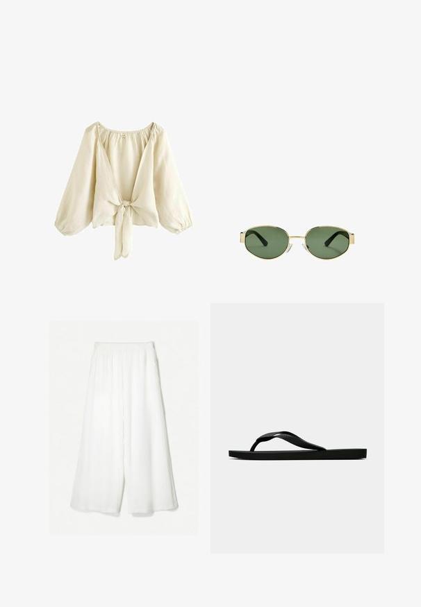 Svetlo bež bluzica iz lahkega materiala, z globokim V-izrezom, napihnjenimi rokavi in zavezovanjem spredaj. Gladka tekstura.; Hlače s širokimi nogami v beli barvi, izdelane iz teksturirane tkanine. Oblika vključuje visok pas in tekočo silhueto brez vidnih zapiranj.; Črne gumijaste japonke s teksturirano thong naramnico in preprostim ravnim podplatom, prikazane s strani na enobarvni svetli podlagi.; Očala z zlatim kovinskim okvirjem, zelenimi lečami, ovalne oblike, črnimi uhani in prozornimi nosnimi blazinicami. Čist, minimalističen dizajn.