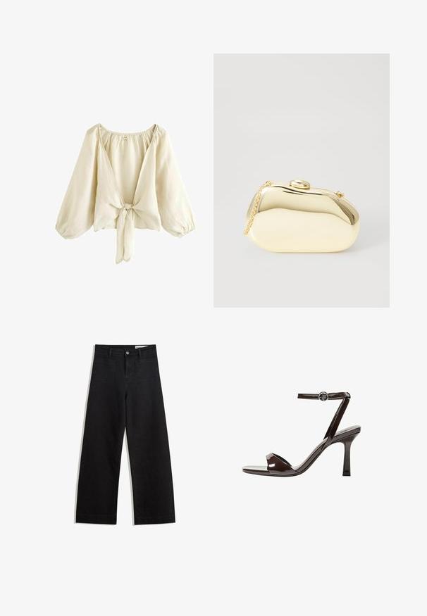 Vaaleanbeige pusero, joka on valmistettu kevyestä kankaasta. Siinä on syvä V-kaula-aukko, puffi-hihat ja solmittava kiinnitys edessä. Pintakuvio on sileä.; Mustat leveät farkut korkealla vyötäröllä, joissa on etu- ja takataskut, ommellut saumat ja nappisuljenta. Silkinoinen rakenne.; Sandaalit korkean koronan ruskeasta mokkanahasta, jossa on nilkkaremmi, avonainen kärki ja tyylikäs, minimalistinen muotoilu. Varusteena neliön muotoinen korko.; Metallinen kultainen clutch, jossa on sileä ja pyöreä muoto. Sen yläosassa on nappilukko ja pieni ketjuhihna kuljettamista varten.