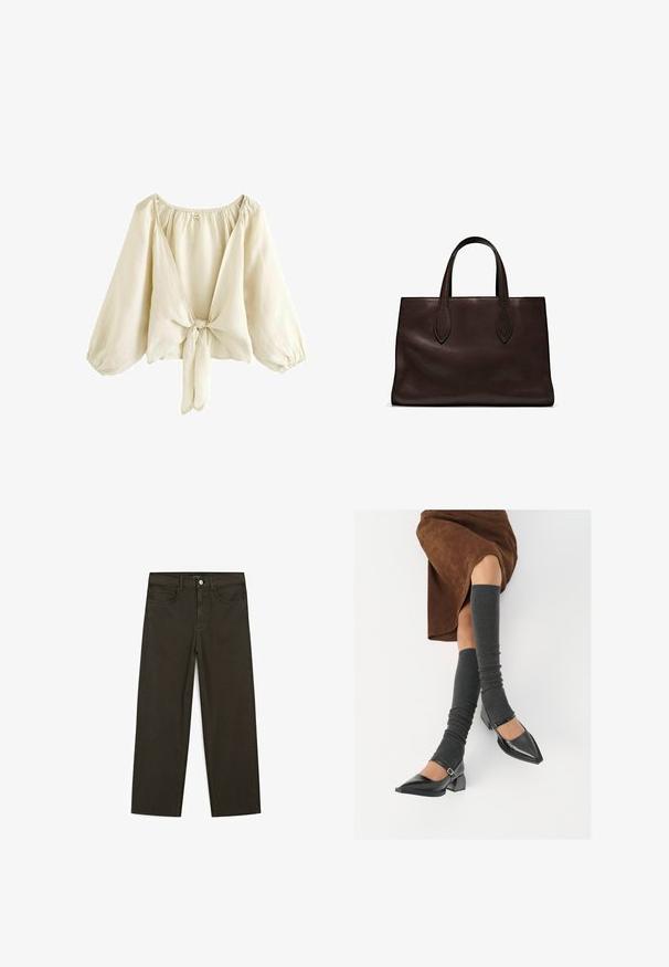 Blusa beige chiaro realizzata in tessuto leggero, con scollatura a V profonda, maniche a sbuffo e chiusura a fiocco sul davanti. Texture liscia.; Jeans a gamba larga di colore verde scuro, realizzati in tessuto misto cotone, dotati di chiusura con bottone frontale, cinque tasche e cuciture classiche in denim.; Scarpe nere in pelle verniciata con punta affilata, tacco a blocco e cinturino alla caviglia, abbinate a scaldamuscoli grigi a coste e una gonna in suede marrone.; Borsa a spalla in pelle marrone con due manici lunghi, forma rettangolare strutturata, texture liscia e dettagli di cucitura sottili.