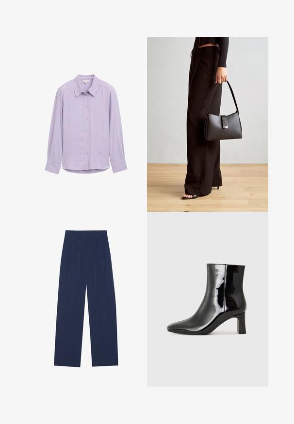 TOM TAILOR Hemdbluse - soft lavender melange; Himmelblaue Weitbundhosen aus weichem Stoff, mit vorderen Falten, glatter Oberfläche und einem geraden Schnitt ohne sichtbare Taschen.; Schwarzer Lackleder-Stiefelette mit spitzer Zehe und einem mittelhohen Blockabsatz. Glatte Textur und minimalistisches Design.; Schwarze Handtasche mit strukturierter Form, glatter Textur und einem metallischen Verschluss. Kombiniert mit weiten schwarzen Hosen und offenen Sandalen auf einem Holzboden.