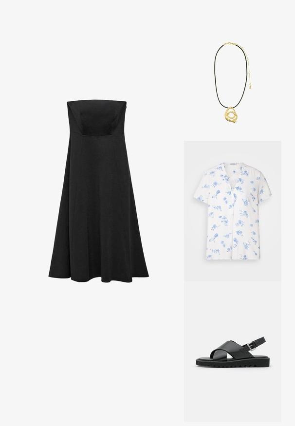 Bijela majica kratkih rukava s V-izrezom, ukrašena plavetnilom cvjetnim uzorkom. Izrađena od lagane tkanine s opuštenim krojem.; Crna haljina bez naramenica s prilagođenim korzetom i raširenom, dugom suknjom. Napravljena od glatkog materijala bez vidljivih uzoraka ili naglasaka.; Crne kožne sandale s dizajnom križnih traka, podesivom kopčom i teksturiranim đonom s utorima za bolji grip.; Crna kožna torba u obliku kante s zatvaranjem na vezicu, koja na prednjoj strani ima sjajni "CK" logo i zlatne metalne detalje.; Pilgrim UNFOLD - Ogrlica - gold