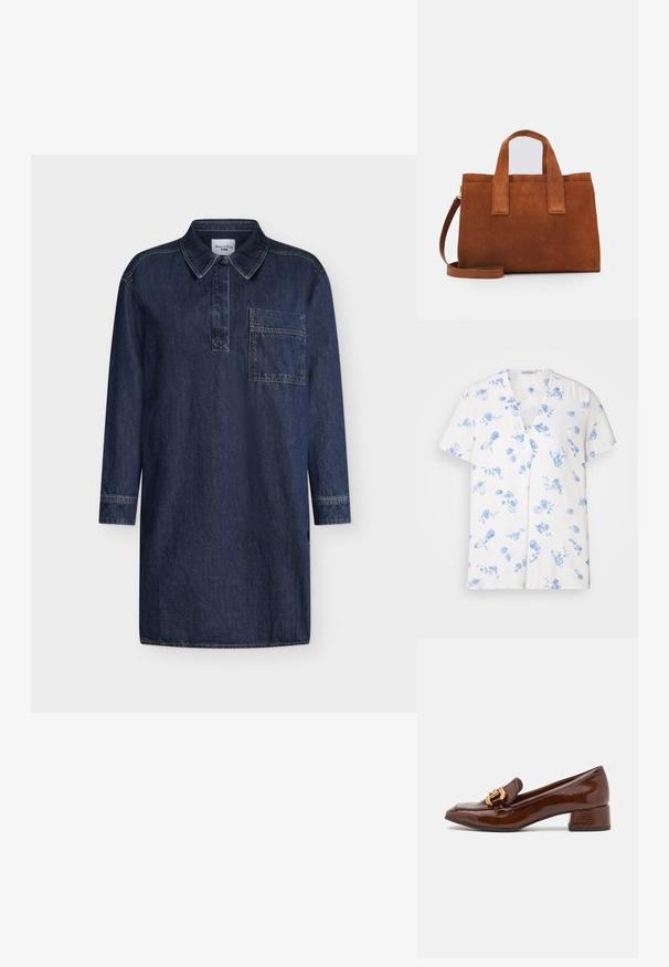 Bílá košile s krátkým rukávem a výstřihem do V, zdobená modrým květinovým vzorem. Vyrobena z lehkého materiálu s volným střihem.; Džínové šaty tmavě modré barvy s límečkem, dlouhými rukávy a náprsní kapsou. Látka má hladkou texturu s viditelným prošitím.; Hnědé kožené mokasíny s lesklým povrchem, se zdobnou zlatou sponou na přední straně a nízkým blokovým podpatkem. Klasický design.; Hnědá semišová kabelka se dvěma horními držadly a nastavitelným ramenním popruhem. Má strukturovaný tvar a minimalistický design.