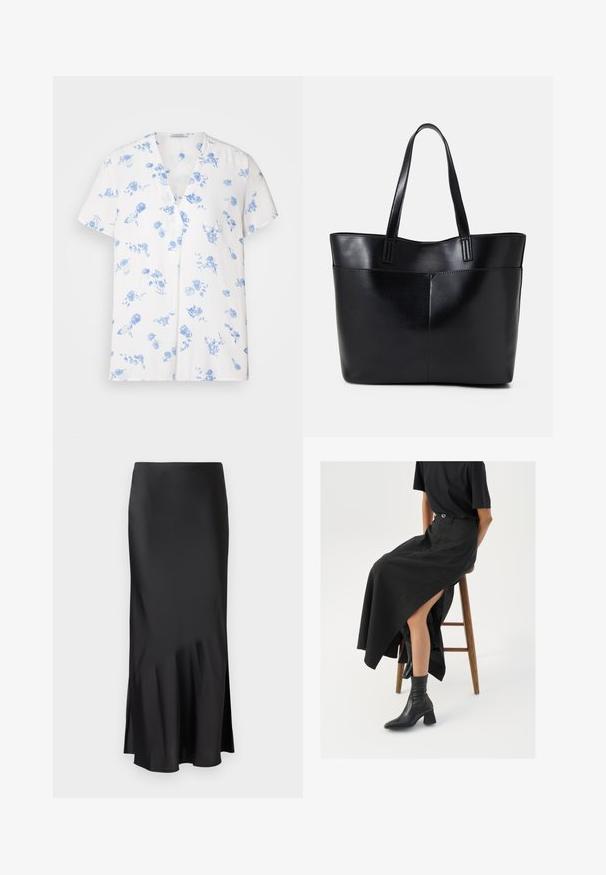 Balta trumpa rankovėmis marškiniai su V formos iškirpte, puošti mėlyna gėlių raštu. Pagaminti iš lengvos medžiagos, turi laisvą kirpimą.; Juodas satino midi sijonas su elegantišku dizainu, kuris turi šiek tiek platėjančią apatinę dalį ir šonine išpjova, užtikrinančia laisvą judėjimą. Lygus paviršius.; Juoda lininė maksi sijonas su aukštu plyšiu, vilkimas su juodu marškinėliu ir juodais aulinukais. Minimalistinis dizainas su laisvu siluetu.; Juoda odinė rankinė su dviem ilgais diržais, lygiu paviršiumi ir struktūrizuota forma. Yra priekinė kišenė papildomam saugojimui.