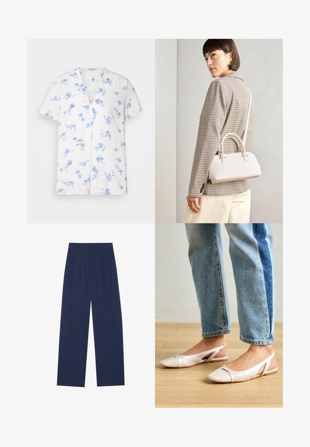 Camisa branca de mangas curtas, com decote em V, adornada com um padrão floral azul. Feita de um tecido leve e com um corte descontraído.; Calças largas azul-marinho feitas de um tecido suave, com plissados frontais, uma textura lisa e um corte recto sem bolsos visíveis.; Sapatilhas slingback de cor rosa pálido com bico fino, feitas de um material semelhante a couro liso. Apresentam detalhes recortados nas laterais e um salto plano.; Bolsa estruturada branca com alças curtas e uma alça de ombro, com detalhes em hardware dourado e material texturizado, exibida contra um fundo cinza.