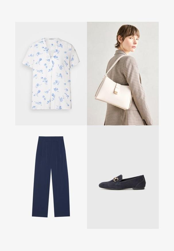 White short-sleeve shirt featuring a V-neck, adorned with a blue floral pattern. Made from lightweight fabric with a relaxed fit.; Navy blue wide-leg pants made of soft fabric, featuring front pleats, a smooth texture, and a straight fit with no visible pockets.; Navy blue suede loafer with a rounded toe, featuring a decorative metal chain accent and a low heel with contrasting stitching details.; White leather handbag with a structured design, featuring a magnetic clasp and a shoulder strap, showcased against a neutral background.