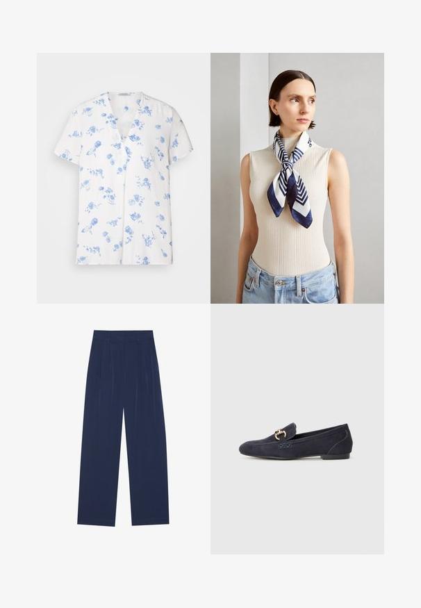 Bijela majica kratkih rukava s V-izrezom, ukrašena plavetnilom cvjetnim uzorkom. Izrađena od lagane tkanine s opuštenim krojem.; Tamno plave hlače širokih nogavica, izrađene od mekog materijala, s prednjim nabora, glatke teksture i ravnog kroja bez vidljivih džepova.; Tamnosmodri ante loafer s zaobljenim vrhom, u kojem se nalazi dekorativni metalni lanac i niska peta s kontrastnim detaljima šivanja.; Svila marama u tamnoplavoj i bijeloj boji s geometrijskim zigzag uzorkom. Glatka tekstura, uredno vezana oko vrata, koja dodatno ističe rebrasti top.