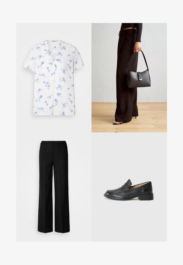 Bijela majica kratkih rukava s V-izrezom, ukrašena plavetnilom cvjetnim uzorkom. Izrađena od lagane tkanine s opuštenim krojem.; Crne široke hlače od glatkog materijala, s visokim strukom, krojenim šavovima i minimalističkim dizajnom. Bez vidljivih metalnih dijelova ili džepova.; Crni kožni mokasini s niskom petom, s izvezenim dizajnom i stilom na vezanje, postavljeni na jednostavnu bijelu podlogu.; Crna torba s oblikom koji sadrži strukturu, glađu teksturu i metalnu kopču. Uparena s širokim crnim hlačama i sandalama na otvorenom s drvenog poda.