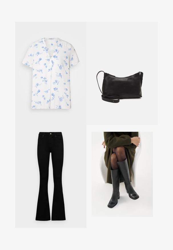 Camisa blanca de manga corta con escote en V, adornada con un patrón floral azul. Confeccionada en una tela ligera y con un corte relajado.; Jeans negros de cintura alta con cierre de botón y cremallera, bolsillos frontales y piernas acampanadas, dispuestos sobre un fondo blanco.; Botas de cuero negro hasta la rodilla con puntera cuadrada y tacón de bloque, presentadas con un modelo sentado en un abrigo verde oliva. Textura suave, mínimo detalle.; Bolso de hombro de cuero negro con una textura suave, forma curvada, correa ajustable y cierre con cremallera. Diseño minimalista sin adornos.