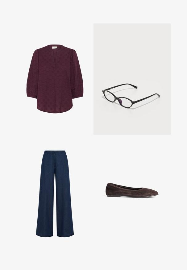 Kaffe Blouse - windsor wine; Brede donkerblauwe jeans met een rechte snit, gemaakt van denim. Heeft een hoge tailleband en subtiele naden. Geen zichtbare hardware.; Bruine suède balletschoenen met een spitsneus en een laag profiel. Kenmerkt zich door een gladde textuur en een minimalistisch ontwerp. Geen zichtbare hardware of accenten.; Zwarte kunststof brillen met een ovale vorm, voorzien van heldere lenzen en een paarse accent op de linkerlens. Strak, minimalistisch ontwerp.