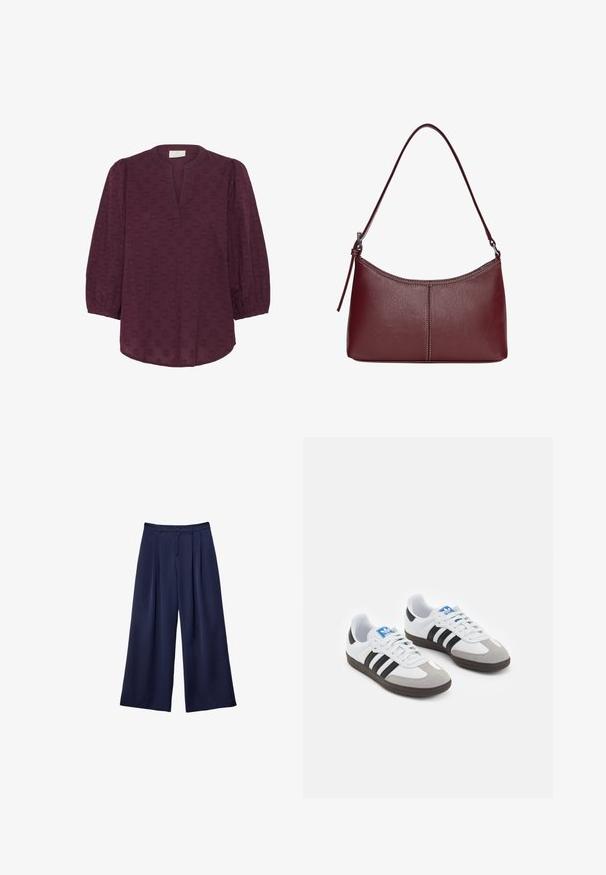 Kaffe Bluse - windsor wine; Marineblå brede bukser med plyser, knappet talje og bæltestropper, vist fladt på en hvid baggrund.; Sportsko med en overdel i hvid læder, grå ruskind på tåen og tre sorte striber. Har et blåt logo på tungen og en struktureret gummisål.; Kastanjebrun læderhåndtaske med en buet form, en enkelt skulderrem og syninger i midten. Glat tekstur, minimal hardware.