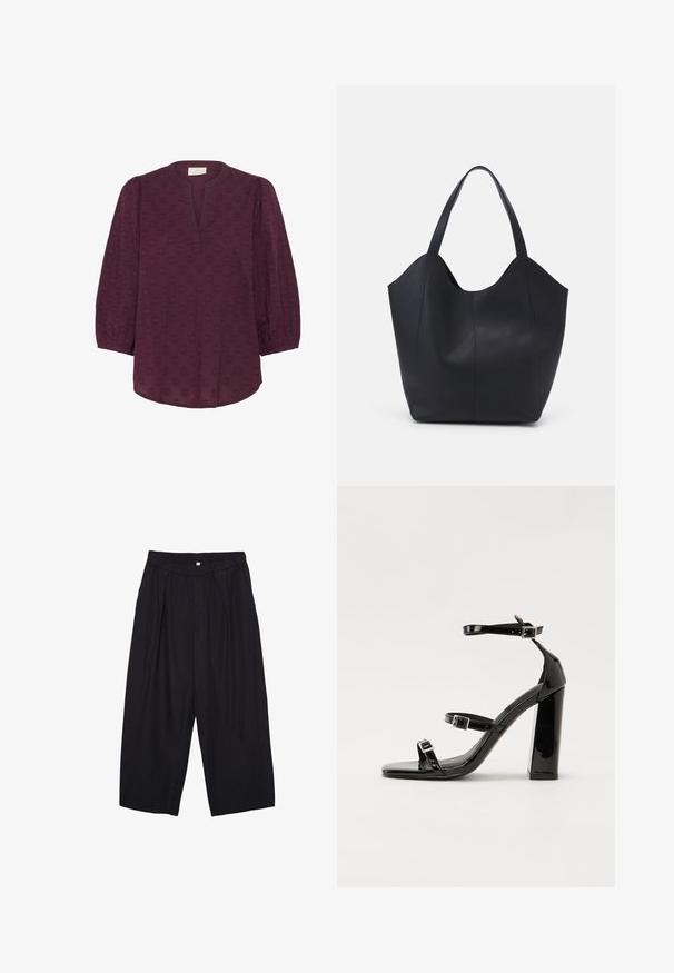 Kaffe Pusero - windsor wine; Musta polyesterinen culotte-housut, jossa on joustava vyötärö, kaksi etupleettiä ja löysä siluetti. Ei näkyviä kuvioita tai metallisia yksityiskohtia.; Musta kiiltävä korkokenkä sandaalit neliönmuotoisella varpaalla, nilkkaremmillä ja hopeisilla soljilla. Varustettu tukevalla lohkokorkealla vakauden takaamiseksi.; Mustat kangaskassit, jotka on valmistettu sileästä nahasta, jossa on kaareva, avoin yläosa, kaksi olkahihnaa ja minimalistinen muotoilu.
