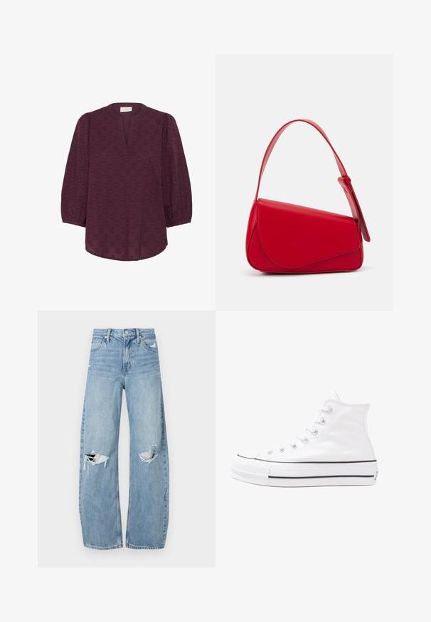 Kaffe - Bluzka; Jasnoniebieskie, wysokiej talii dżinsy wykonane z denimu. Posiadają szerokie nogawki, dwa podarte miejsca na kolanach oraz klasyczne pięć kieszeni.; Białe wysokie trampki z płótna z czarną gumową podeszwą, przednim czubkiem z gumy i sześcioma dziurkami na sznurowadła, charakteryzujące się prostym, minimalistycznym designem.; Czerwona skórzana torebka o kanciastym, geometrycznym designie. Posiada jedną regulowaną rączkę oraz zapięcie na klapę z przeszyciami.