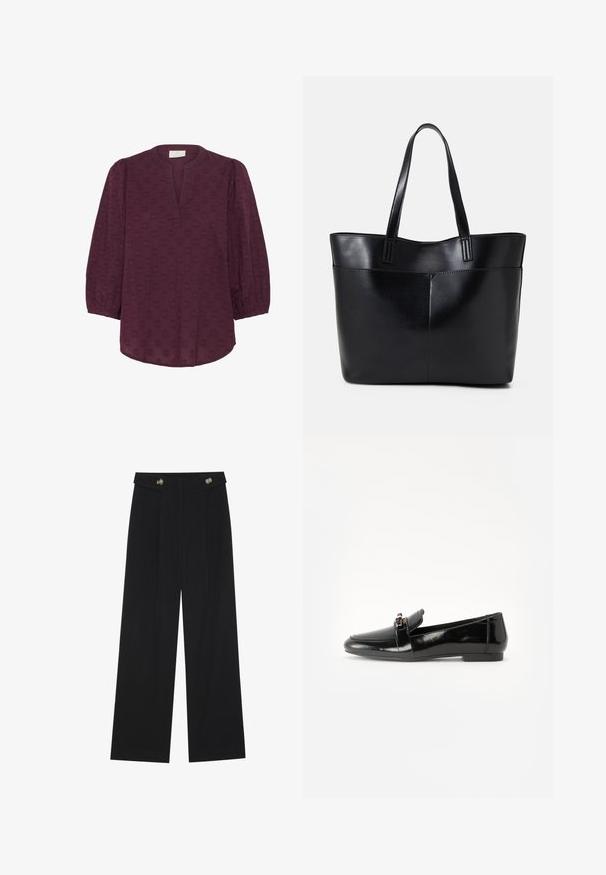 Kaffe Bluza - windsor wine; Crne hlače širokih nogavica s visokim strukom, s dugmadi na pojasu i prednjim nabora.; Crni lakirani loafer s ravnim potplatom, zaobljenim prstom i ukrasnom trakom s zlatnim akcentom. Glatka, sjajna površina.; Crna kožna torba s dugim ručkama, glatkom teksturom i strukturiranim oblikom. Ima prednju džep za dodatno pohranu.