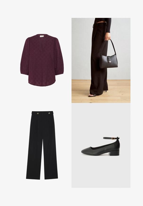 Kaffe Blouse - windsor wine; Black wide-leg trousers with high waist, button details on waistband, and front pleats.; Black leather pump with a pointed toe and a low block heel. Features an ankle strap with a gold-tone buckle. Smooth texture.; Black handbag with structured shape, smooth texture, and a metallic clasp. Paired with wide black pants and open-toe sandals on wooden floor.