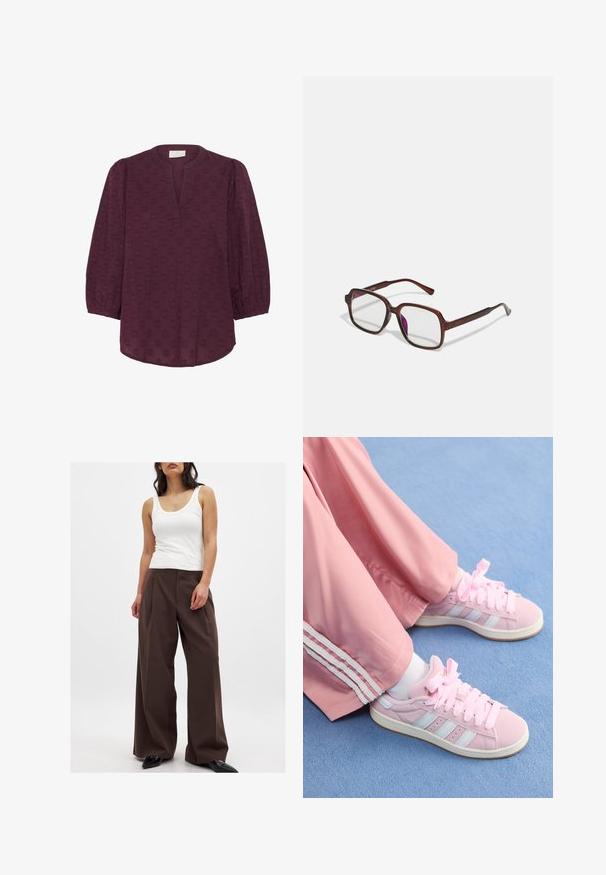 Kaffe Blouse - windsor wine; Brown wide-leg trousers with a smooth texture, featuring a high waist and pressed crease; paired with a white tank top. Black pointed shoes.; Pink athletic shoes with light blue stripes, round toe, and thick pink laces, paired with pink track pants featuring white side stripes.; Brown, rectangular eyeglasses with transparent lenses and purple tints. Smooth plastic frame with straight temples and subtle accents.; Burgundy leather handbag with a rounded shape, chain and leather strap, featuring pleated detailing and a zip closure at the side.