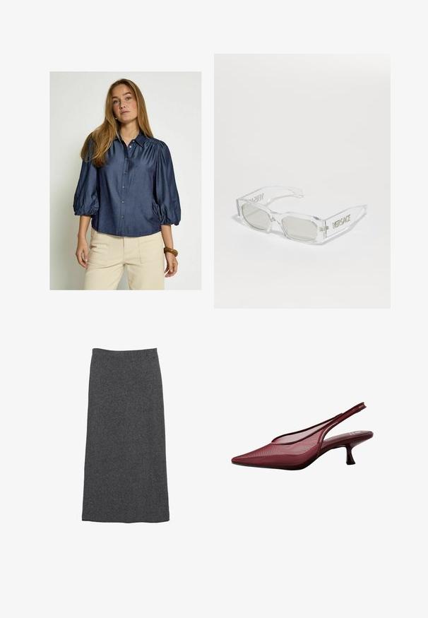 Camicia blu navy con bottoni, maniche a sbuffo e colletto, realizzata in tessuto morbido. Presenta un orlo dritto e una sottile lucentezza.; Gonna maxi in lana grigia con taglio dritto e vita elastica, caratterizzata da una texture morbida e da una finitura liscia. Nessun motivo o accentuazione visibili.; Pumps slingback bordeaux con punta affusolata e upper in rete. Presentano un tacco sottile e un design con ritagli, che conferisce un'elegante silhouette.; Occhiali da sole trasparenti in plastica con lenti grigie, forma rettangolare, logo "Versace" in rilievo sulle astine, che mostrano un design moderno.