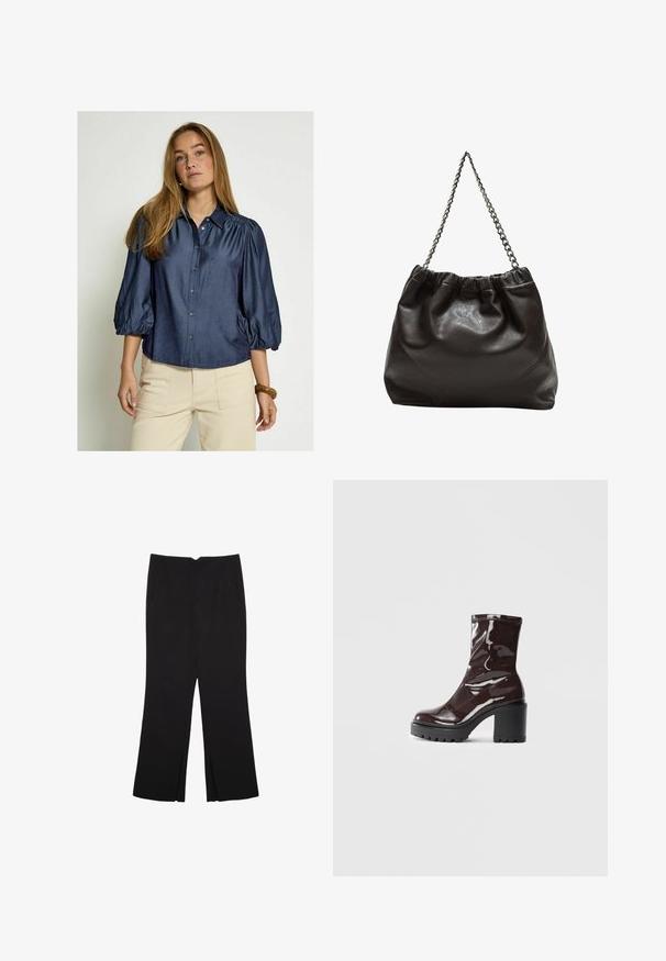 Camicia blu navy con bottoni, maniche a sbuffo e colletto, realizzata in tessuto morbido. Presenta un orlo dritto e una sottile lucentezza.; Pantaloni neri a gamba dritta, con tasche frontali e spacchi laterali all'orlo. Realizzati in tessuto morbido e liscio. Adatti a diverse occasioni.; Stivale alla caviglia bordeaux lucido con un tacco spesso nero, caratterizzato da una superficie liscia e un design semplice. Nessuna chiusura visibile o motivo.; Borsa in pelle marrone con parte superiore arricciata e tracolla a catena. Texture liscia con finitura lucida e dettagli di cucitura sottili sui lati.
