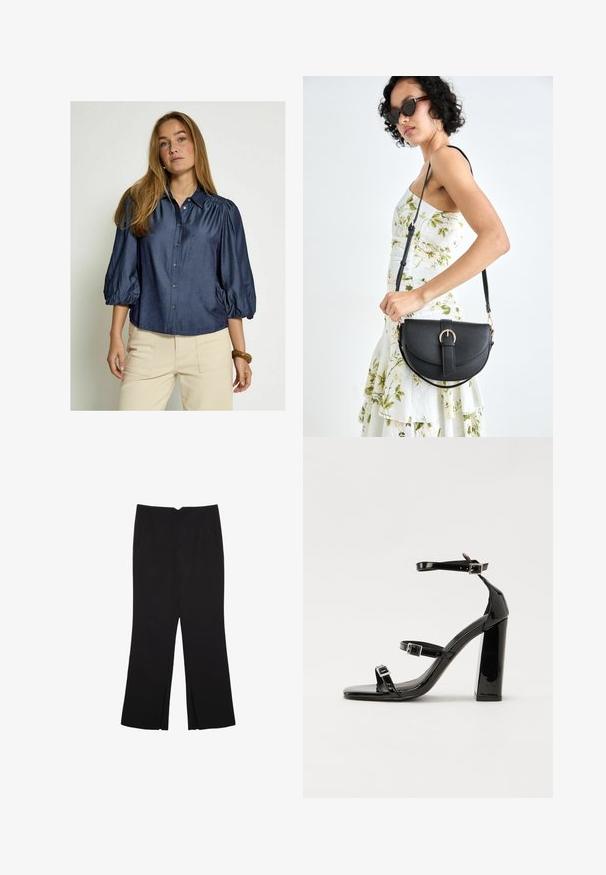 Tamnavo plavi košulja s dugim rukavima i volanima, s ovratnikom, izrađena od glatkog materijala. Ima ravni rub i suptilni sjaj.; Crne hlače ravnog kroja, s prednjim džepovima i bočnim prorezima na rubu. Izrađene od mekog i glatkog materijala. Pogodne za razne prigode.; Crne lakirane sandale na visoku petu s dva remena s kopčama, kvadratnim vrhom i masivnom blok petom, s glatkom, sjajnom teksturom.; Crna kožna torba s lukovitim oblikom, odvojivim remenom i zlatnim detaljima. Torba ima preklop s kopčom.