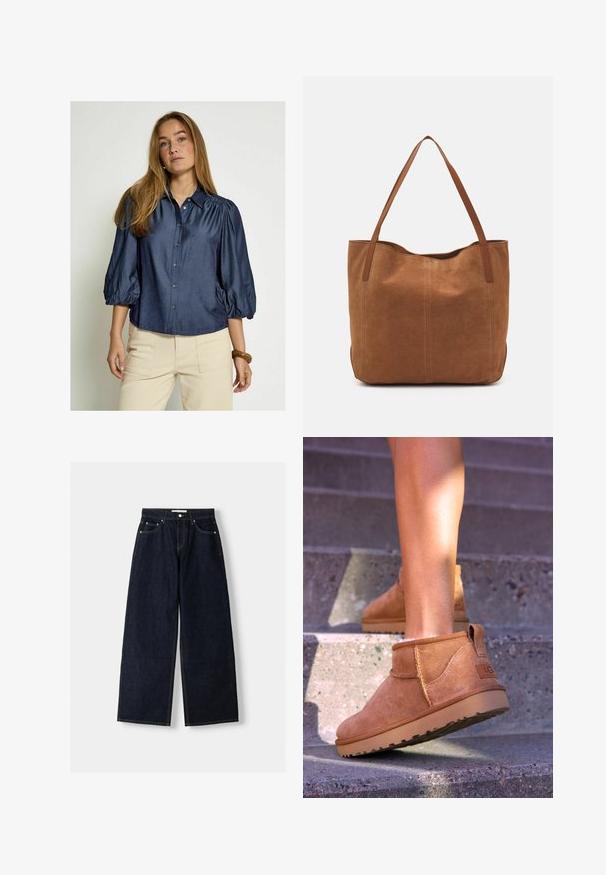 Tamnavo plavi košulja s dugim rukavima i volanima, s ovratnikom, izrađena od glatkog materijala. Ima ravni rub i suptilni sjaj.; Tamno plavi traper široki traperice viskog struka, s pet džepova, kontrastnim šavovima i srebrnim metalnim detaljima. Glatka tekstura i čista obrada.; Smešane čizme od tan velura s mekim tekstilom, sa šavnim detaljima i gumenim đonom, te petom s petljom za lako obuvanje.; Smeđi nubuk torba s dugim ručkama, s glatkom teksturom, jednostavnim dizajnom i bez vidljivih metalnih dijelova ili akcenata.