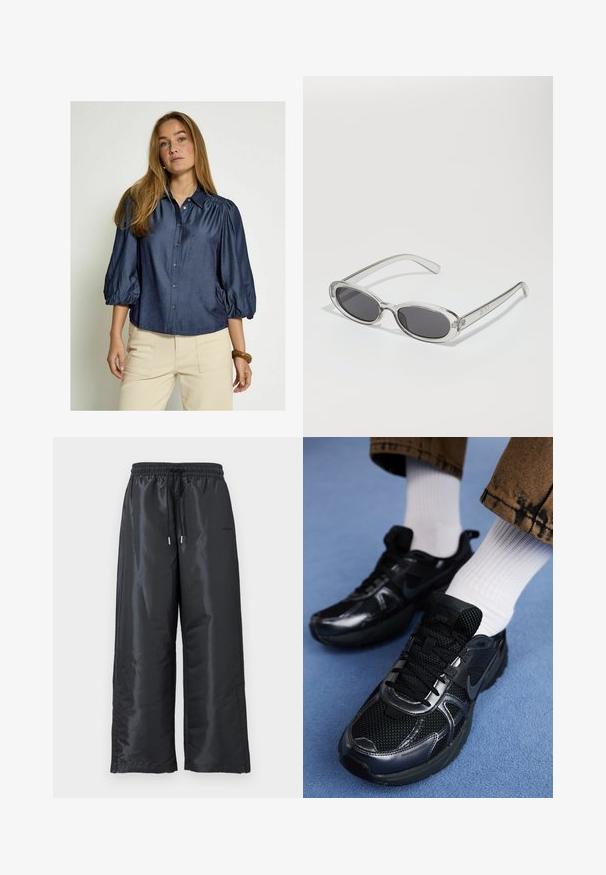 Dunkelblaue Hemdbluse mit Puffärmeln und Kragen, aus glattem Stoff gefertigt. Verfügt über einen geraden Saum und einen subtilen Glanz.; Schwarze, weite Hosen aus glänzendem, glattem Stoff. Mit einem elastischen Bund und einem Kordelzug sowie Seitentaschen.; Schwarze Nike Sportschuhe mit einem oberen Teil aus Mesh und glänzenden Akzenten, schwarzen Schnürsenkeln und einer strukturierten Sohle. Kombiniert mit weißen gerippten Socken.; Sonnenbrille mit ovaler Form, klarem Kunststoffrahmen, dunkelgrauen Gläsern und dünnen transparenten Bügeln mit Logo-Akzenten und minimalen Details.