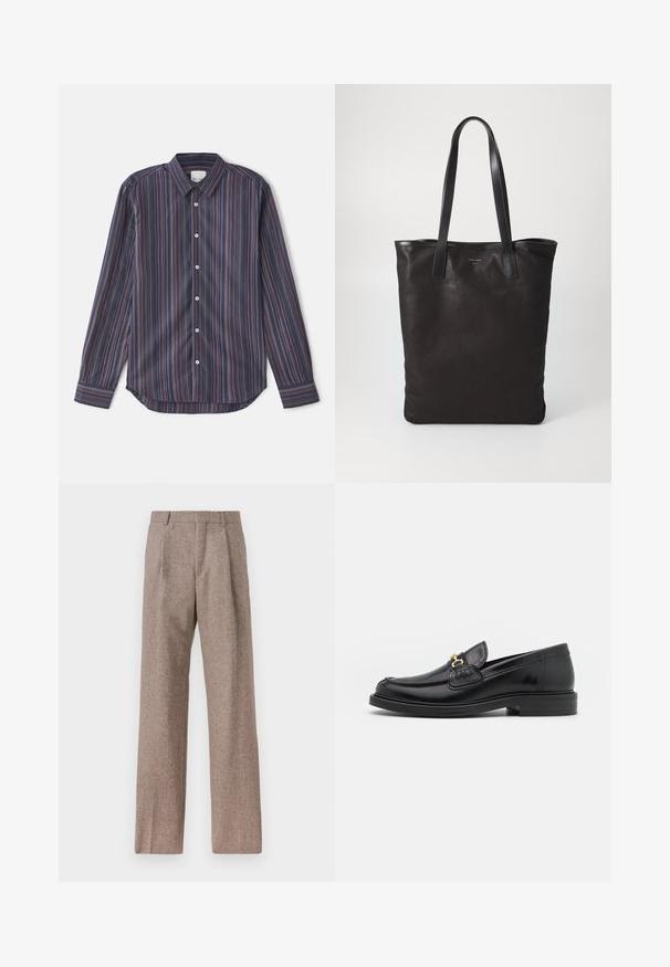 Randig långärmad skjorta i mörkblått med vertikala linjer i rött, orange och lila. Har en knappad krage och vita knappar.; Bruna, högmidjade byxor i texturerat tyg. Har vida ben och två framvikningar för struktur. Välavslutad utan synlig hårdvara.; Svarta läderloafers med rund tå, prydda med guldfärgad detalj och sömnadsdetaljer, placerade på en låg, texturerad gummisula.; Svart canvas toteväska med svarta läderhandtag. Enkel design, rymlig kropp och en slät textur. Inga synliga logotyper eller mönster.