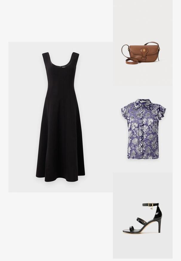 Lilla kortærmet bluse med et blomsterdesign i sort og hvid, der har knaplukning foran og krave. Silkeagtig tekstur.; Sort kjole med bådudskæring, ærmeløs design og en flared A-line silhuet. Har lodret sømdetaljer for struktur.; Sorte patenterede lædersandaler med tre stropper, ankelspænde og 10 cm stiletthæl. Har detaljer i guld og et logo charms.; Brun læder crossover-taske med en buet klap, guldfarvet hardware og et dekorativt logo. Stroppen er justerbar og har en glat tekstur.