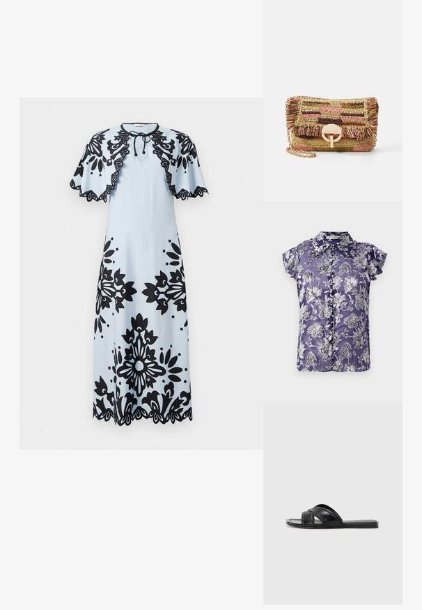 Ljubičasta bluzica kratkih rukava s cvjetnim uzorkom u crnoj i bijeloj boji, s kopčanjem na gumbe i ovratnikom. Svilenasto tekstura.; Svijetloplava haljina s crnim cvjetnim uzorcima, kratkim kapicama, okruglim izrezom i valovitim rubom. Veže se oko vrata za zatvaranje.; Crne natikače s glatkom kožnom završnom obradom, s ukriženim trakama i izrezbarenim detaljima, te ravnim, fleksibilnim potplatima.; Vanessa Bruno MOON - Torba preko tijela - multico/jaune