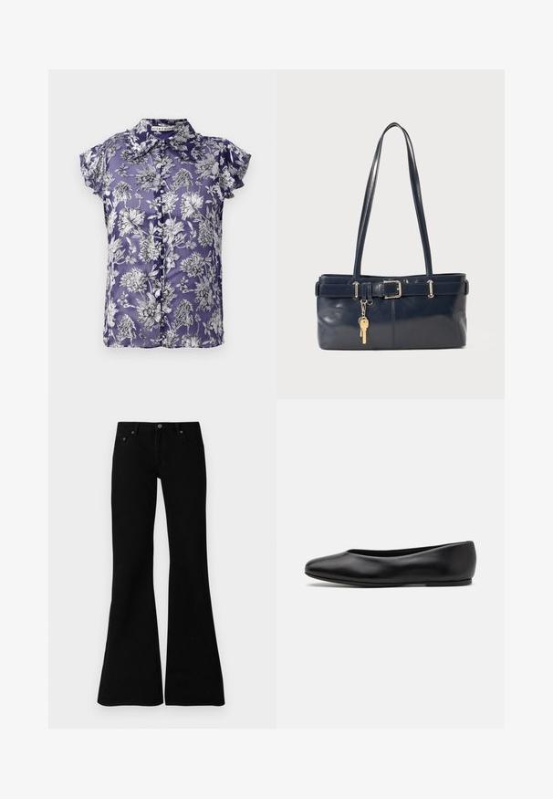 Purple short-sleeve blouse with a floral pattern in black and white, featuring a button-front closure and a collar. Silky texture.; Black flared jeans made from denim, featuring a classic five-pocket design, button closure, and subtle stitching details along the seams.; Paul Smith TOPANGA - Ballet pumps - black; Navy leather handbag with two long handles, a buckle detail, and a keychain attached. Features a smooth texture and a rectangular shape.