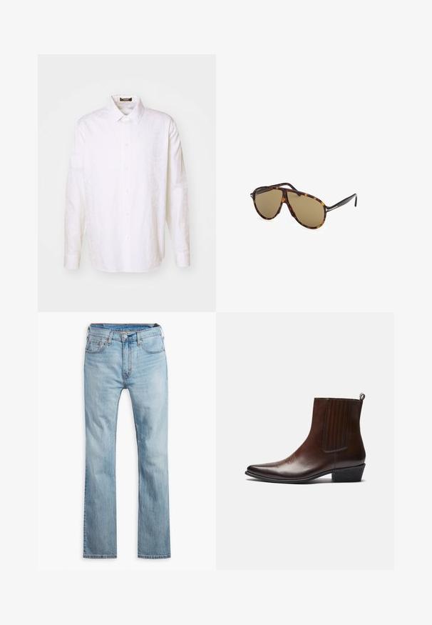 Vit långärmad skjorta med knäppning, tillverkad av lättviktigt material. Har en klassisk krage, sju knappar fram och en subtil textur.; Ljusblå denimjeans med rak passform, som har fem fickor, kontrastsömmar och knäppning i midjan.; Brun läderankelstövel med spetsig tå, elastiska sidopaneler, texturerad detaljering framtill och en låg staplad klack.; Sköldpaddsmönstrade solglasögon med bruna linser, pilotstil, med en elegant ramdesign och metalliska accenter på bågarna.