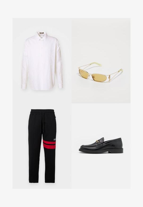 Balta ilga rankovė marškiniai su mygtukais, pagaminti iš lengvos medžiagos. Yra klasikinis apykaklė, septyni mygtukai priekyje ir subtili tekstūra.; Juodi sportiniai džinsai su kontrastingomis raudonomis juostelėmis ir logotipu šone. Yra elastinga juosmens juosta su raišteliu ir siaurėjančiais kulkšnų kraštais.; Juodos odinės loafer tipo bateliai su apvaliuku, su auksinėmis detalėmis ir siuvinėjimo akcentais, įrengti ant žemos, tekstūruotos gumos pado.; Geltonos atspalvio akiniai nuo saulės su permatomu auksiniu rėmu, liekna stačiakampio forma ir kampuotais rankenėlėmis su šviesiai žaliais akcentais.
