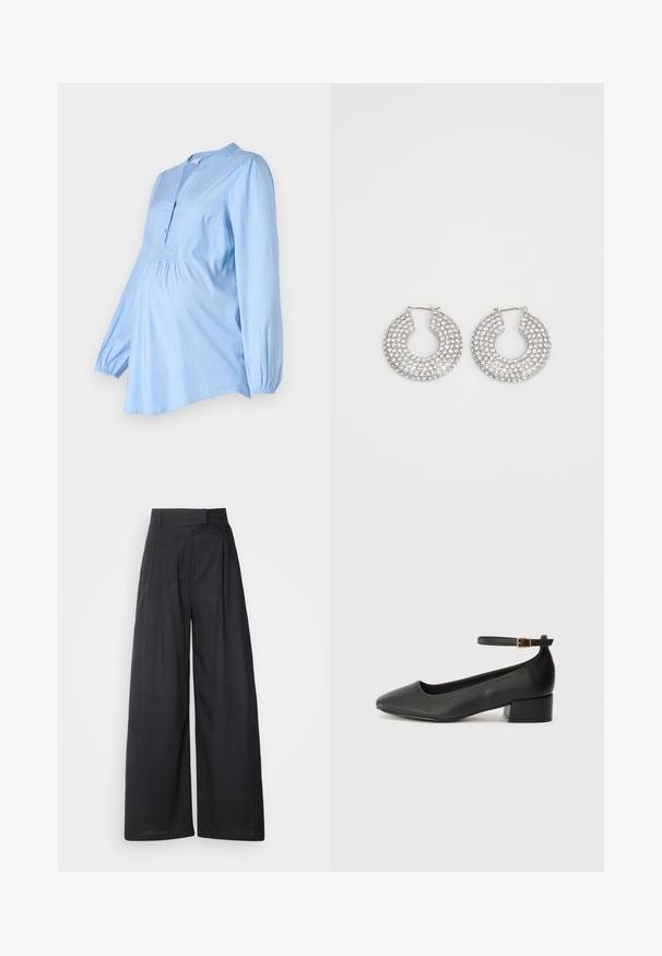 MAMALICIOUS MLELVA LIA  - Palaidinė - soft chambray; Tamsūs, plačiai sėdintys kelnių su struktūrizuotu juosmeniu ir gyslomis. Pagaminti iš lengvos medžiagos, pasižyminčios glotnia tekstūra ir be matomų raštų.; Juodas odinis aukštakulnis batelis su smailiu pirštu ir žemu bloku. Su kulkšnies dirželiu su auksinės spalvos sagtimi. Lygus paviršius.; Sidabrinės auskarų žiedai, papuošti daugybe skaidrių kristalų akcentų, su tekstūruota paviršiumi ir atviru apvaliu dizainu.