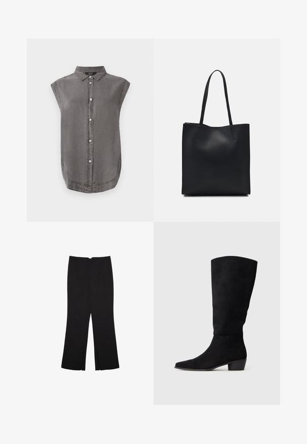Maglietta senza maniche grigia con collo a camicia, chiusura frontale con bottoni e orlo curvo. Realizzata in un tessuto morbido con una lieve consistenza.; Pantaloni neri a gamba dritta, con tasche frontali e spacchi laterali all'orlo. Realizzati in tessuto morbido e liscio. Adatti a diverse occasioni.; Stivale nero in suede alto fino al ginocchio con tacco basso e punta affusolata, presentato in vista laterale su uno sfondo grigio chiaro uniforme.; Borsa tote in pelle nera con texture liscia, forma rettangolare e due manici lunghi. Nessun hardware o decorazione visibile.