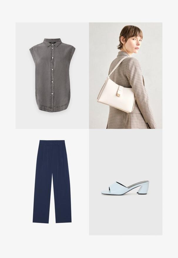 Gray sleeveless shirt with a collared neckline, front button closure, and curved hem. Made of soft fabric with subtle texture.; Navy blue wide-leg pants made of soft fabric, featuring front pleats, a smooth texture, and a straight fit with no visible pockets.; Light blue open-toe heeled mules with a geometric design, featuring a wide strap across the foot and a chunky, angular heel.; White leather handbag with a structured design, featuring a magnetic clasp and a shoulder strap, showcased against a neutral background.