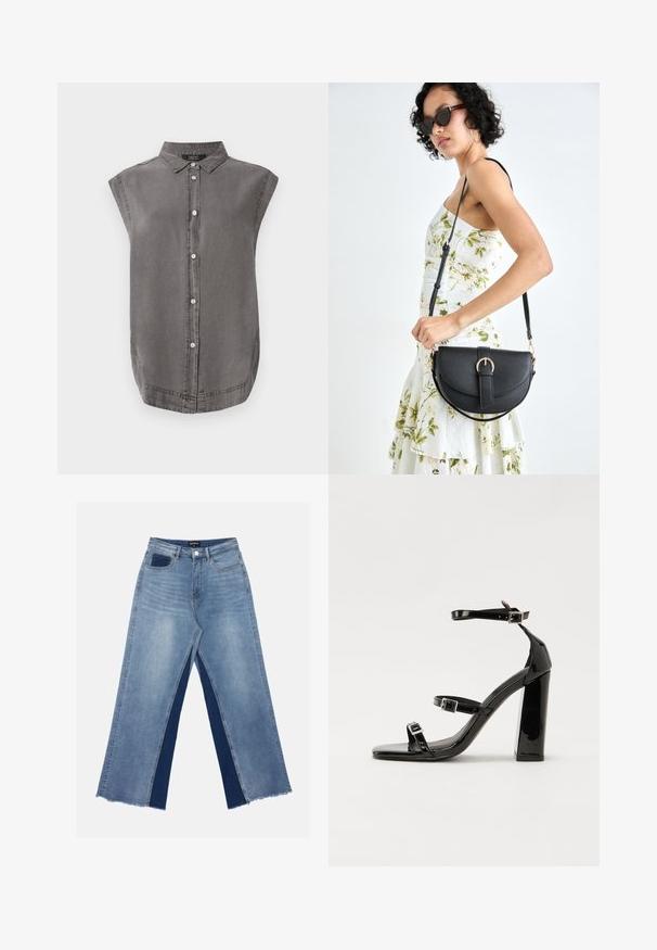 Chemise sans manches grise avec un col, fermeture à boutons sur le devant et ourlet incurvé. Fabriquée en tissu doux avec une texture subtile.; Jean large bleu clair avec des panneaux contrastants bleu foncé, ourlets effilochés et taille standard avec fermeture à bouton en métal.; Sandales à talons vernies noires avec un bout carré, des sangles autour de la cheville et des boucles en argent. Dotées d'un talon bloc épais pour plus de stabilité.; Sac à main en cuir noir avec une forme courbée, bandoulière amovible et des accessoires en or. Le sac est doté d'un rabat avec un détail de boucle.