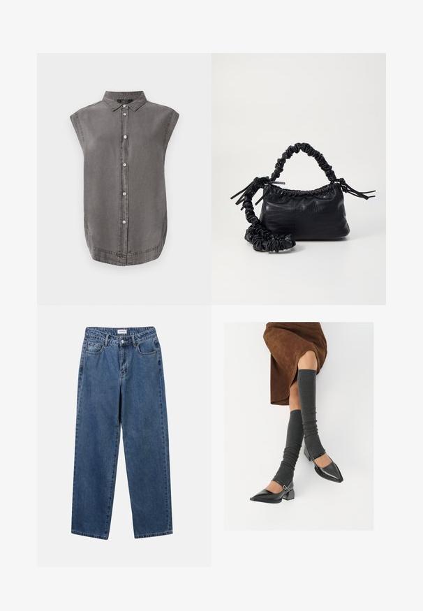 Hallita väike krae, ees nupuvajutusega ja kumerate servadega hall ilma varrukateta särk. Valmistatud pehmest kangast, millel on peene tekstuur.; Klassikalised sinised denimists teksad otsejalaga disainiga, viie taskuga ja nööbisuletusega. Omab keskmist pesu ja tugevat tekstuuri.; Mustad patsaline odav värviga kingad, millel on kreen ja pahkluuring, on paaritatud hallide ribakudumitega sääremiidega ja pruunist nahast seelikuga.; Must must sünteetilisest nahast käekott, millel on krokodillimuster, kokku tõmmatav ülaosa ja kortsus rihm. Tundub pehme ja kompaktne disain.